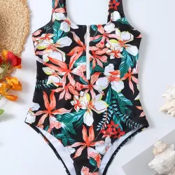 Floral Printed Zipper Backless One-Piece Swimwear