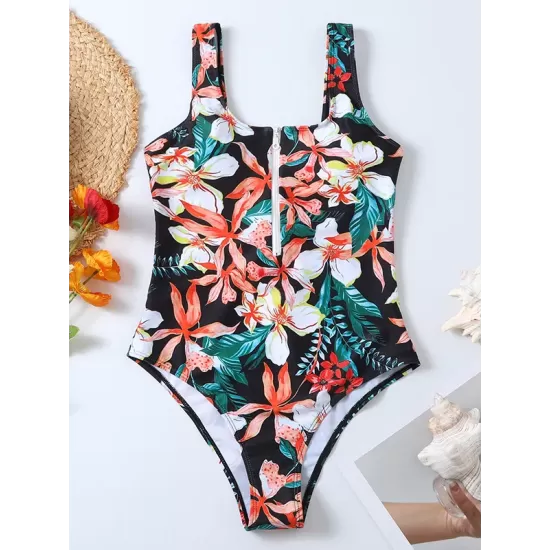 Floral Printed Zipper Backless One-Piece Swimwear Floral Printed Zipper Backless One-Piece Swimwear