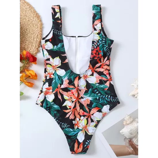 Floral Printed Zipper Backless One-Piece Swimwear Floral Printed Zipper Backless One-Piece Swimwear