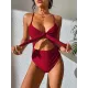 Padded Bandage Belly-Hollow Solid Color Deep V-Neck One-Piece Swimwear Padded Bandage Belly-Hollow Solid Color Deep V-Neck One-Piece Swimwear