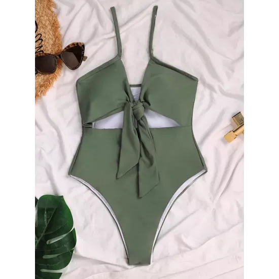 Padded Bandage Belly-Hollow Solid Color Deep V-Neck One-Piece Swimwear Padded Bandage Belly-Hollow Solid Color Deep V-Neck One-Piece Swimwear