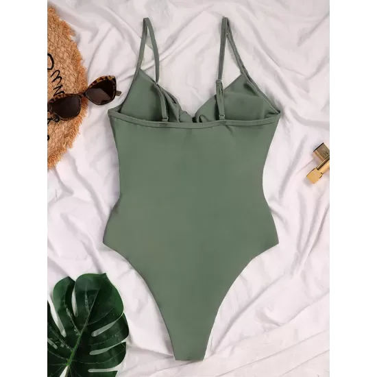 Padded Bandage Belly-Hollow Solid Color Deep V-Neck One-Piece Swimwear Padded Bandage Belly-Hollow Solid Color Deep V-Neck One-Piece Swimwear
