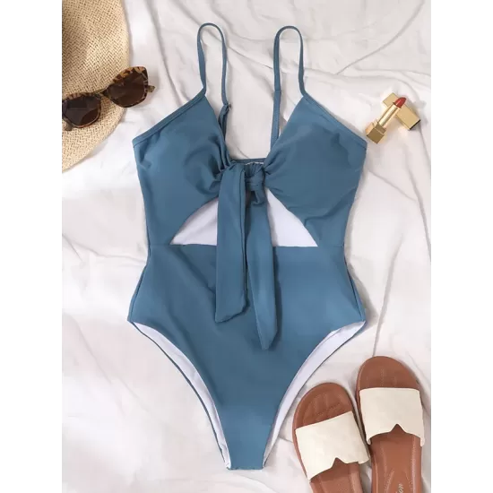 Padded Bandage Belly-Hollow Solid Color Deep V-Neck One-Piece Swimwear Padded Bandage Belly-Hollow Solid Color Deep V-Neck One-Piece Swimwear