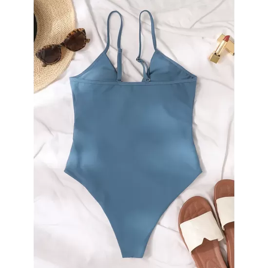 Padded Bandage Belly-Hollow Solid Color Deep V-Neck One-Piece Swimwear Padded Bandage Belly-Hollow Solid Color Deep V-Neck One-Piece Swimwear