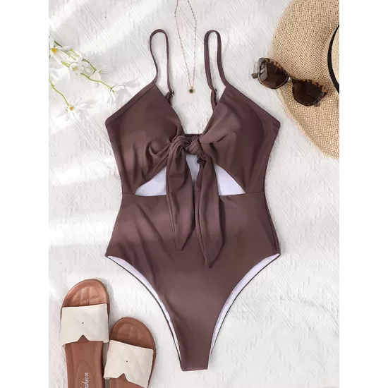 Padded Bandage Belly-Hollow Solid Color Deep V-Neck One-Piece Swimwear Padded Bandage Belly-Hollow Solid Color Deep V-Neck One-Piece Swimwear