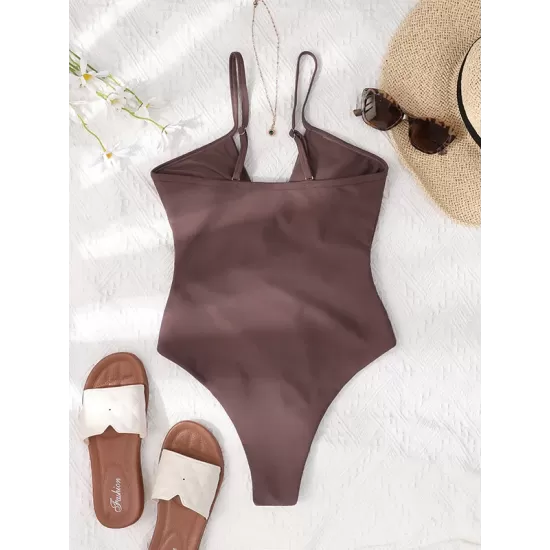 Padded Bandage Belly-Hollow Solid Color Deep V-Neck One-Piece Swimwear Padded Bandage Belly-Hollow Solid Color Deep V-Neck One-Piece Swimwear