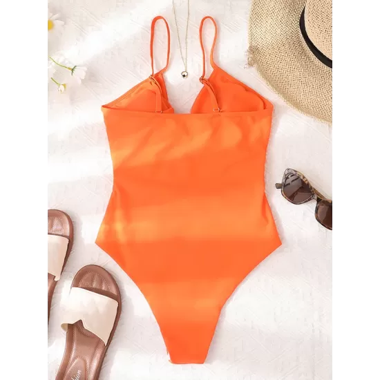 Padded Bandage Belly-Hollow Solid Color Deep V-Neck One-Piece Swimwear Padded Bandage Belly-Hollow Solid Color Deep V-Neck One-Piece Swimwear