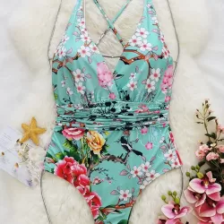 Floral Printed Deep-V-Neck Bandage One-Piece Swimwear