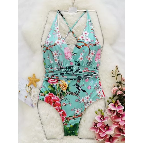 Floral Printed Deep-V-Neck Bandage One-Piece Swimwear Floral Printed Deep-V-Neck Bandage One-Piece Swimwear