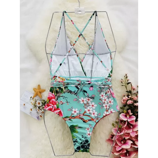 Floral Printed Deep-V-Neck Bandage One-Piece Swimwear Floral Printed Deep-V-Neck Bandage One-Piece Swimwear