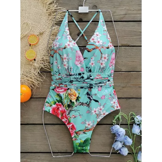 Floral Printed Deep-V-Neck Bandage One-Piece Swimwear Floral Printed Deep-V-Neck Bandage One-Piece Swimwear