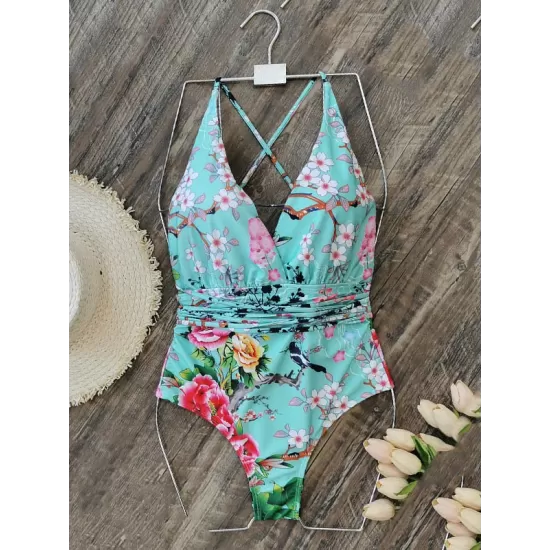 Floral Printed Deep-V-Neck Bandage One-Piece Swimwear Floral Printed Deep-V-Neck Bandage One-Piece Swimwear
