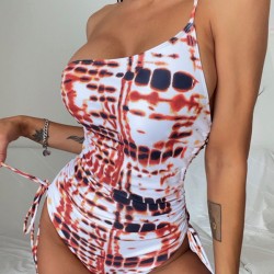 One-Shoulder Drawstring Irregular-Printed One-Piece Swimwear