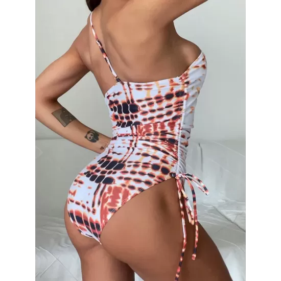 One-Shoulder Drawstring Irregular-Printed One-Piece Swimwear One-Shoulder Drawstring Irregular-Printed One-Piece Swimwear