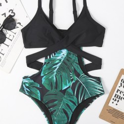 Monokini Spaghetti-Neck Monstera Ceriman Color-Block One-Piece Swimwear
