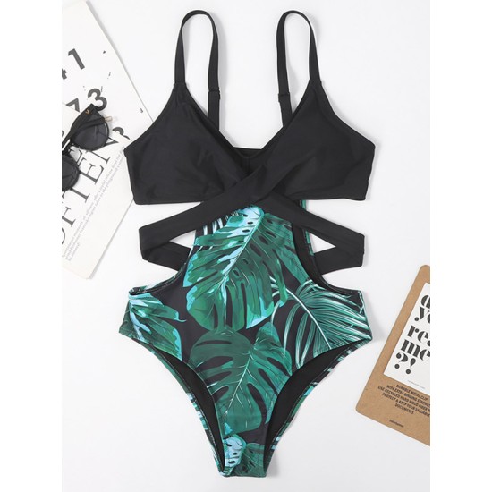 Monokini Spaghetti-Neck Monstera Ceriman Color-Block One-Piece Swimwear Monokini Spaghetti-Neck Monstera Ceriman Color-Block One-Piece Swimwear