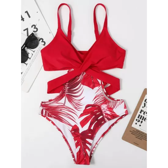 Monokini Spaghetti-Neck Monstera Ceriman Color-Block One-Piece Swimwear Monokini Spaghetti-Neck Monstera Ceriman Color-Block One-Piece Swimwear