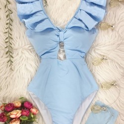 Solid Color Falbala Hollow One-Piece Swimwear