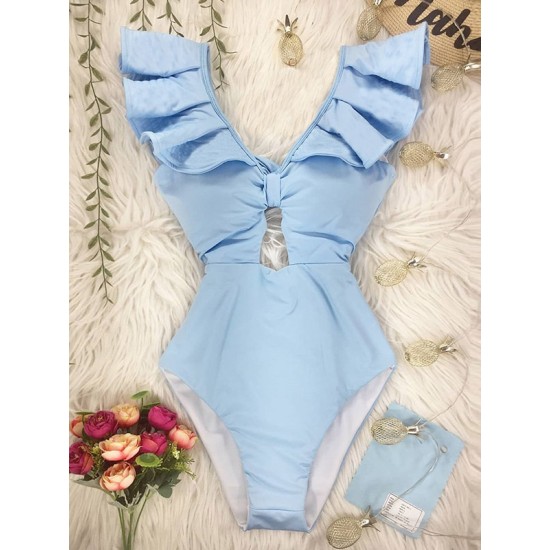 Solid Color Falbala Hollow One-Piece Swimwear Solid Color Falbala Hollow One-Piece Swimwear