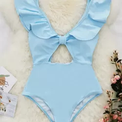Solid Color Falbala Hollow One-Piece Swimwear