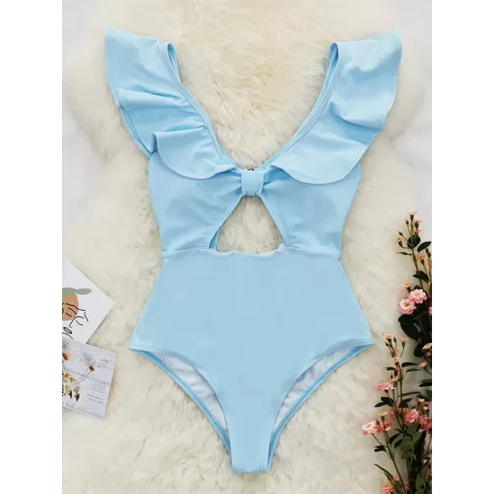 Solid Color Falbala Hollow One-Piece Swimwear Solid Color Falbala Hollow One-Piece Swimwear