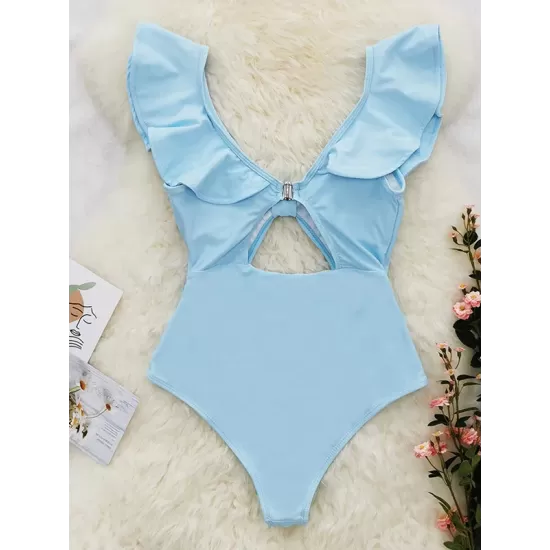 Solid Color Falbala Hollow One-Piece Swimwear Solid Color Falbala Hollow One-Piece Swimwear