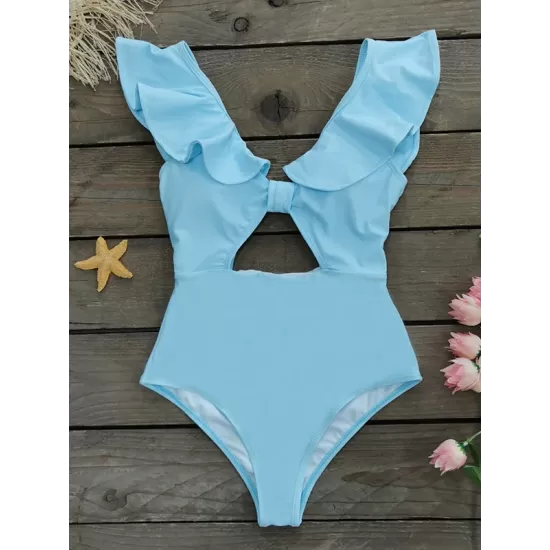 Solid Color Falbala Hollow One-Piece Swimwear Solid Color Falbala Hollow One-Piece Swimwear