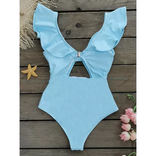 Solid Color Falbala Hollow One-Piece Swimwear Solid Color Falbala Hollow One-Piece Swimwear