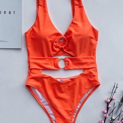 Solid Color Metal Ring One-Piece Swimwear