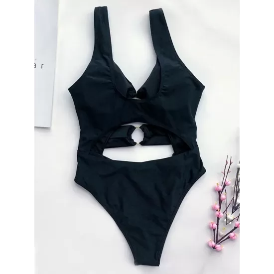 Solid Color Metal Ring One-Piece Swimwear Solid Color Metal Ring One-Piece Swimwear