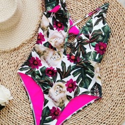 Floral Lion Print Falbala One Shoulder One-Piece Swimsuit