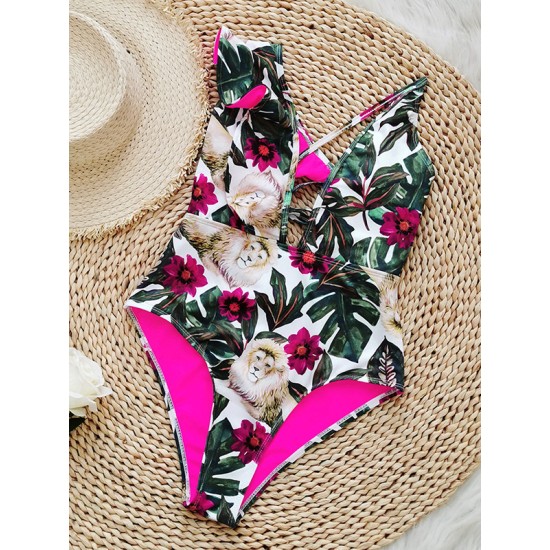 Floral Lion Print Falbala One Shoulder One-Piece Swimsuit Floral Lion Print Falbala One Shoulder One-Piece Swimsuit