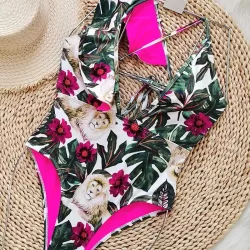Floral Lion Print Falbala One Shoulder One-Piece Swimsuit