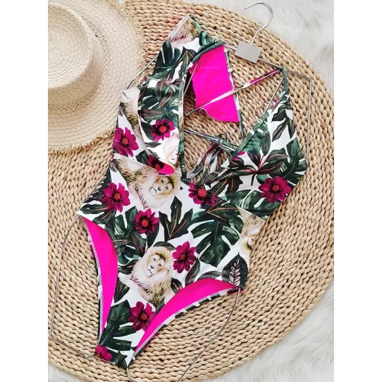 Floral Lion Print Falbala One Shoulder One-Piece Swimsuit Floral Lion Print Falbala One Shoulder One-Piece Swimsuit