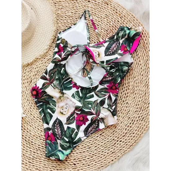 Floral Lion Print Falbala One Shoulder One-Piece Swimsuit Floral Lion Print Falbala One Shoulder One-Piece Swimsuit