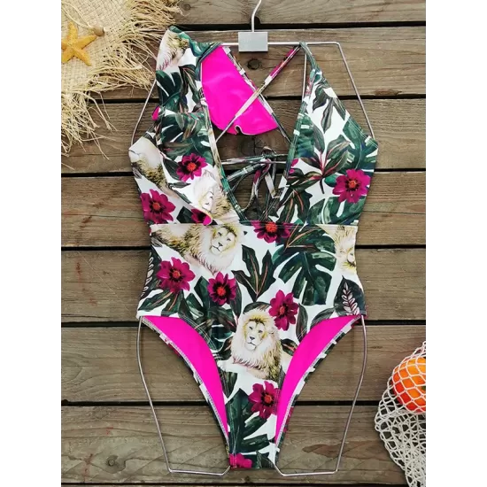 Floral Lion Print Falbala One Shoulder One-Piece Swimsuit Floral Lion Print Falbala One Shoulder One-Piece Swimsuit