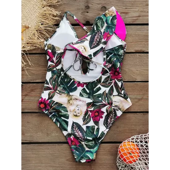 Floral Lion Print Falbala One Shoulder One-Piece Swimsuit Floral Lion Print Falbala One Shoulder One-Piece Swimsuit