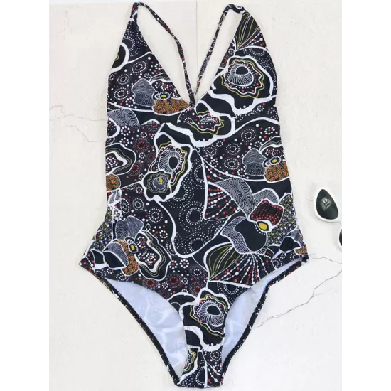 Floral Printed Plunging Backless One-Piece Swimsuit Floral Printed Plunging Backless One-Piece Swimsuit