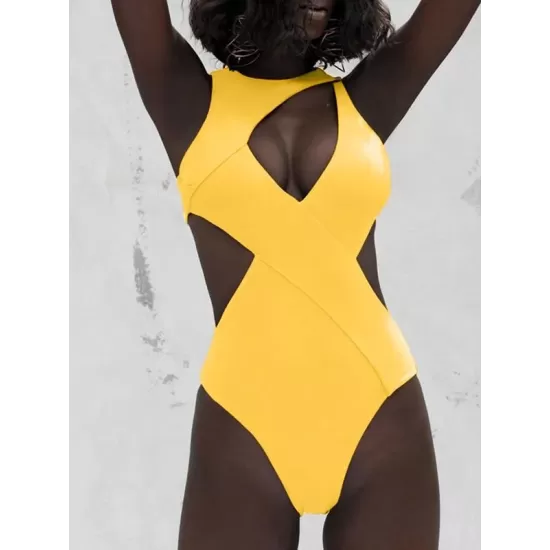 Bandage Plain Yellow One-piece Swimwear Bandage Plain Yellow One-piece Swimwear