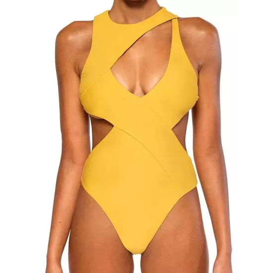Bandage Plain Yellow One-piece Swimwear Bandage Plain Yellow One-piece Swimwear