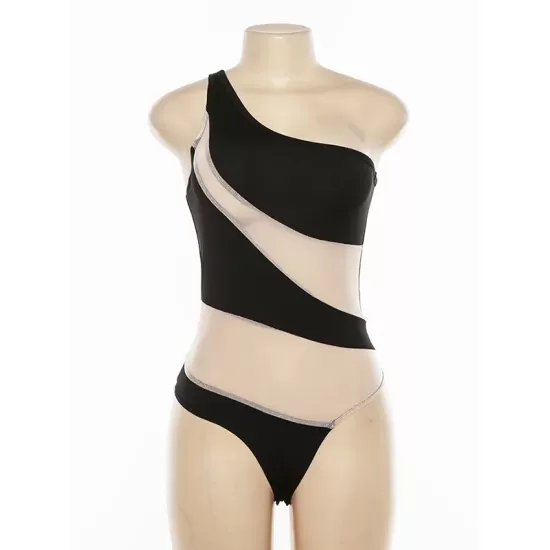 Sleeveless Mesh One-Shoulder Solid Color Split-Joint One-Piece Swimwear Sleeveless Mesh One-Shoulder Solid Color Split-Joint One-Piece Swimwear