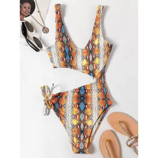 Sleeveless Printing Hollow Bandage Monokini Swimwear Sleeveless Printing Hollow Bandage Monokini Swimwear