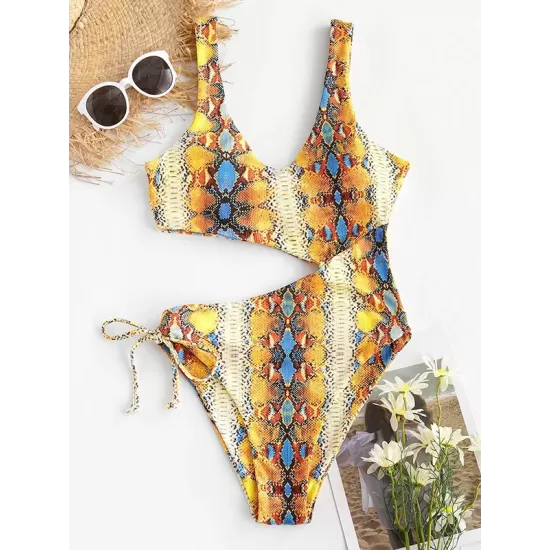 Sleeveless Printing Hollow Bandage Monokini Swimwear Sleeveless Printing Hollow Bandage Monokini Swimwear