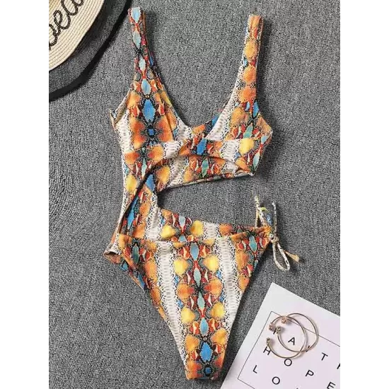 Sleeveless Printing Hollow Bandage Monokini Swimwear Sleeveless Printing Hollow Bandage Monokini Swimwear
