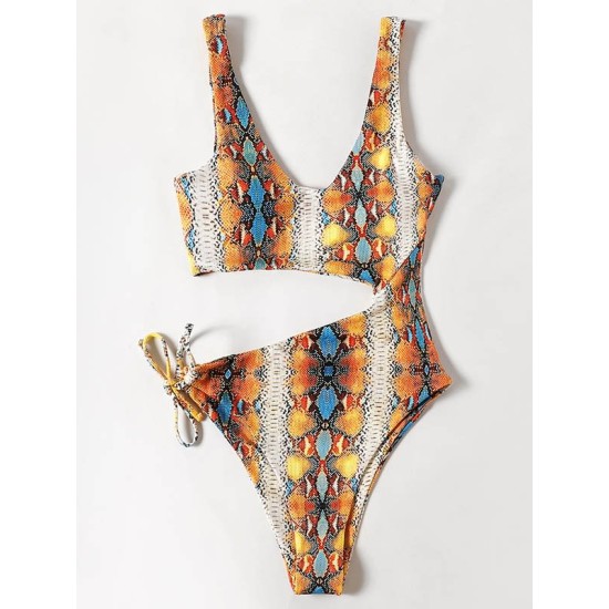 Sleeveless Printing Hollow Bandage Monokini Swimwear Sleeveless Printing Hollow Bandage Monokini Swimwear