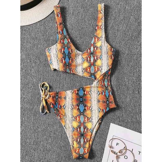 Sleeveless Printing Hollow Bandage Monokini Swimwear Sleeveless Printing Hollow Bandage Monokini Swimwear