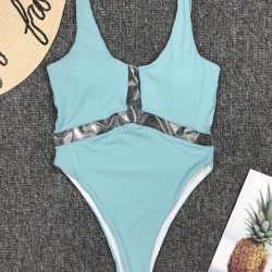 Solid Color See-Through Split-Joint U-Neck One-Piece Swimwear