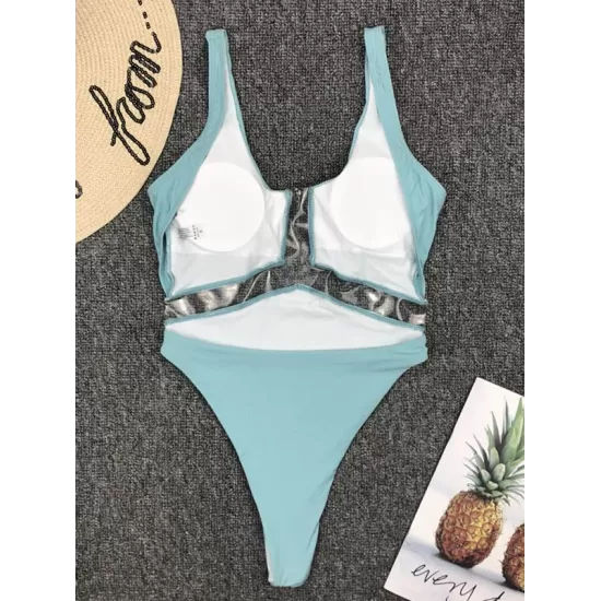 Solid Color See-Through Split-Joint U-Neck One-Piece Swimwear Solid Color See-Through Split-Joint U-Neck One-Piece Swimwear
