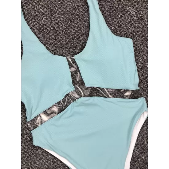 Solid Color See-Through Split-Joint U-Neck One-Piece Swimwear Solid Color See-Through Split-Joint U-Neck One-Piece Swimwear