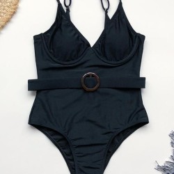 Solid Color Belted Embellished One-Piece Swimwear